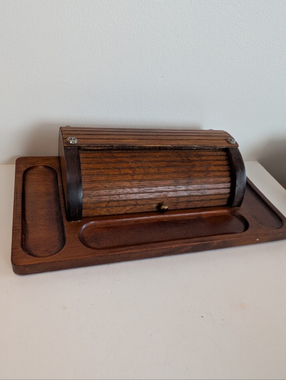 Vintage Wooden Roll-Top Desk Organizer Tray MCM Men's Valet Catchall Tambour